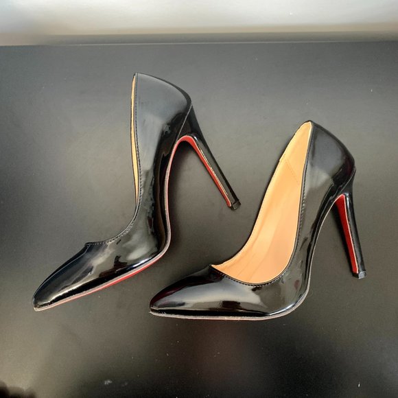 Shiny Black Red Bottom Stiletto Heels - Picture 4 of 10